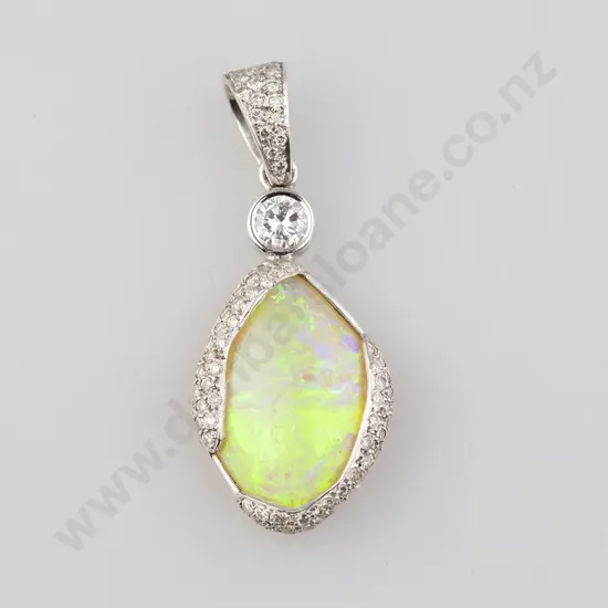 18ct White Gold Opal and Diamond Pendant