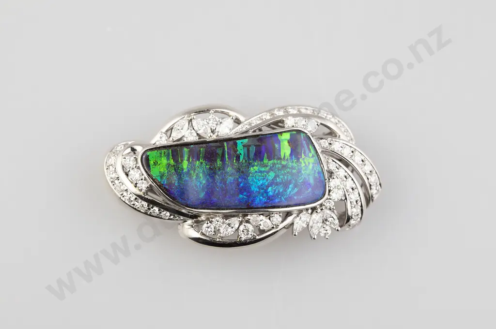 All Platinum Lightning Ridge Black Opal & Diamond Brooch/Pendant Image 1++