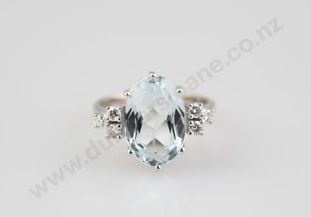 14ct White Gold Single Aquamarine and Diamond Dress Ring Image 1++