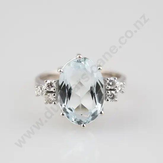 14ct White Gold Single Aquamarine and Diamond Dress Ring