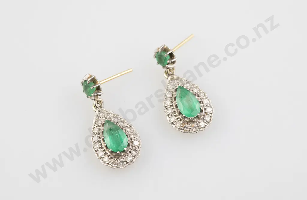 Pair 18ct & Platinum Emerald and Diamond Cluster Earrings Image 1++