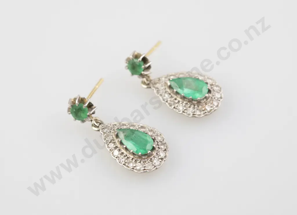 Pair 18ct & Platinum Emerald and Diamond Cluster Earrings Image 1++