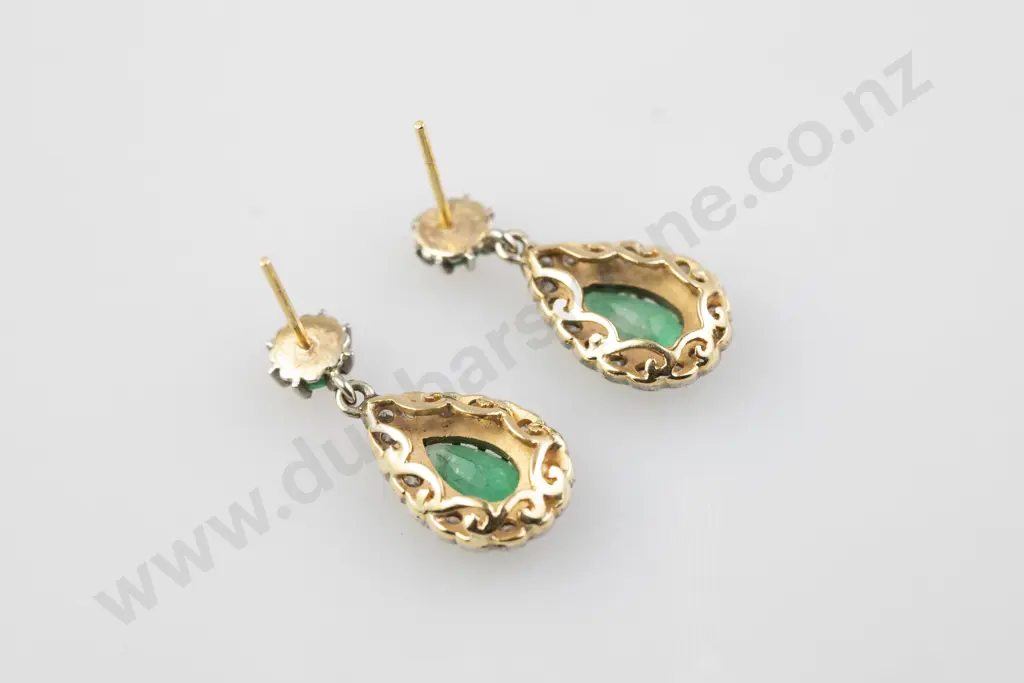 Pair 18ct & Platinum Emerald and Diamond Cluster Earrings Image 1++