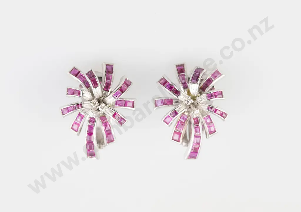 Pair 10ct Ruby & Diamond Spray Stud Earrings Image 1++
