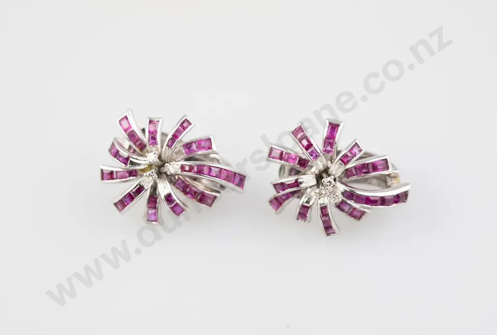 Pair 10ct Ruby & Diamond Spray Stud Earrings Image 1++