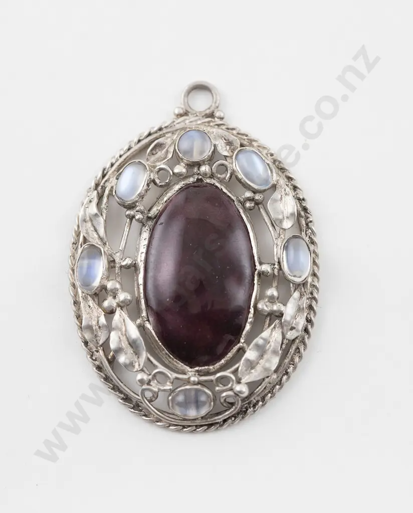 Elsie Reeve (NZ 1885-1927) S/S Moonstone and Enamel Pendant Image 1++