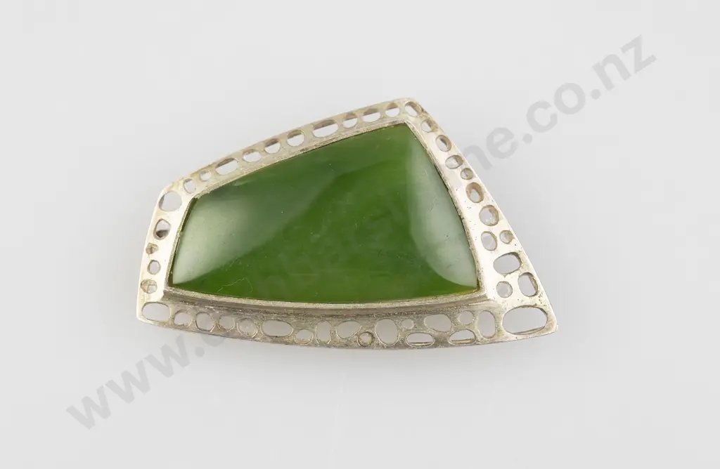 Peter Minturn (NZ) Original Design S/S and Greenstone Panel Brooch Image 1++