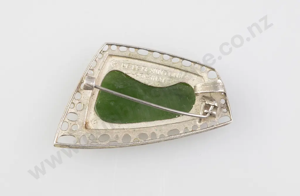 Peter Minturn (NZ) Original Design S/S and Greenstone Panel Brooch Image 1++