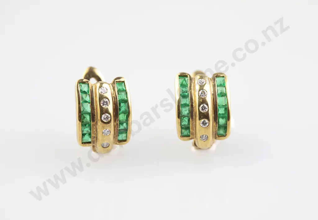 Pair 18ct Emerald and Diamond Panel Earrings Image 1++