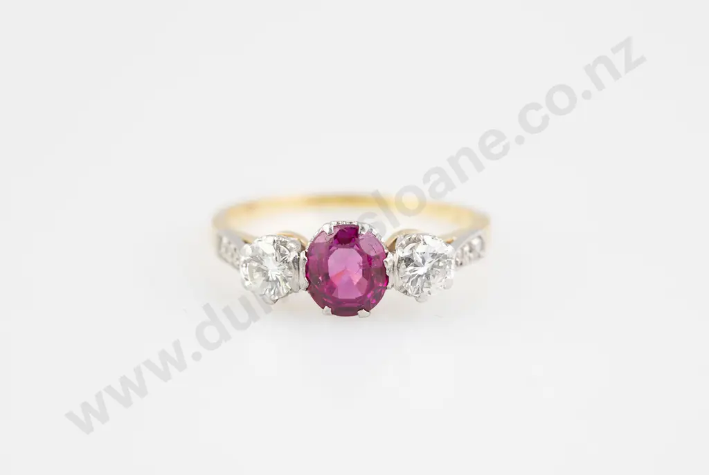 18ct & Platinum Three Stone Ruby and Diamond Ring Image 1++
