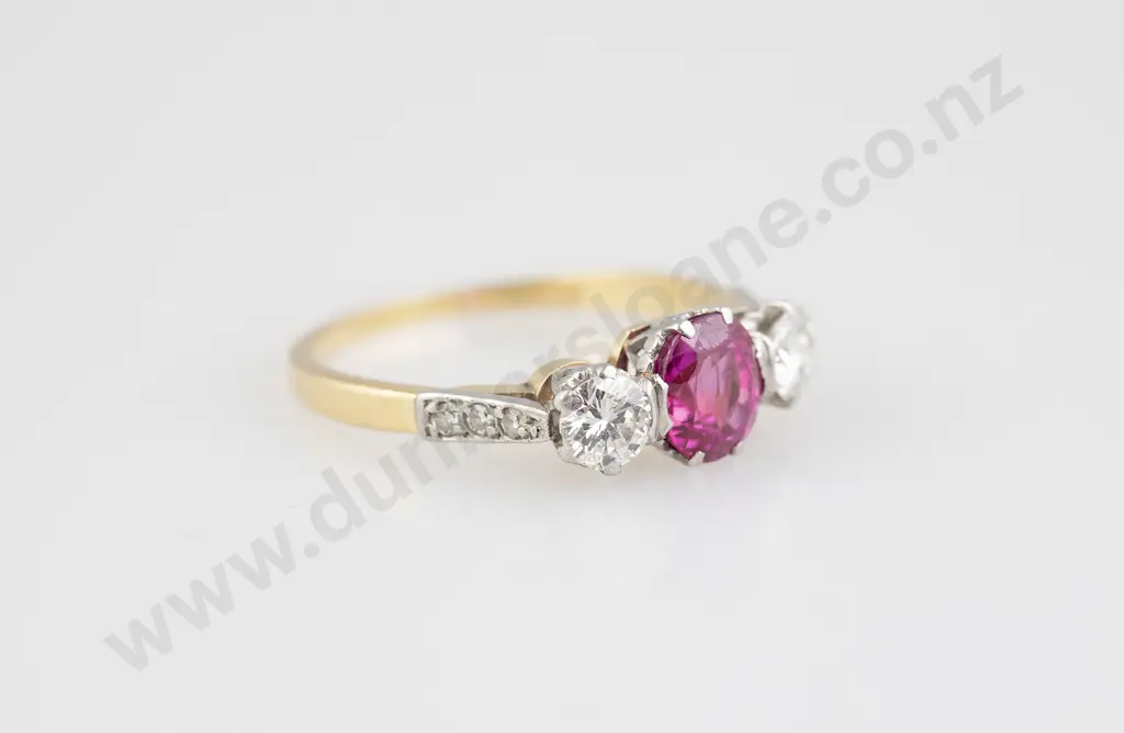 18ct & Platinum Three Stone Ruby and Diamond Ring Image 1++