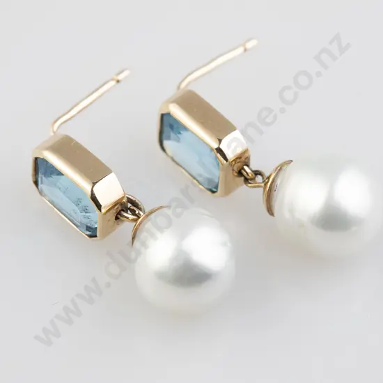 Pair 9ct Topaz and Pearl Pendant Drop Earrings