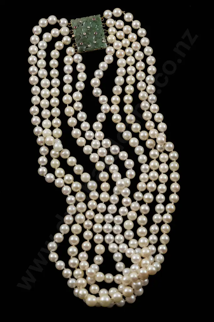 Five Strand Uniform and Graduated Cultured Pearl Necklace Image 1++