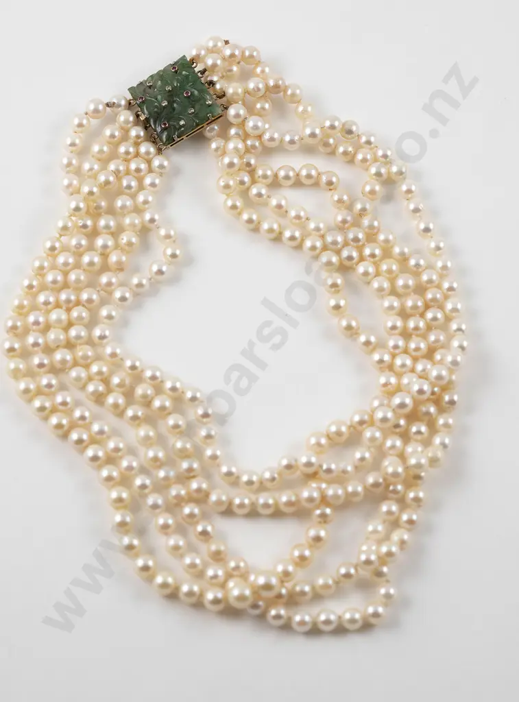 Five Strand Uniform and Graduated Cultured Pearl Necklace Image 1++
