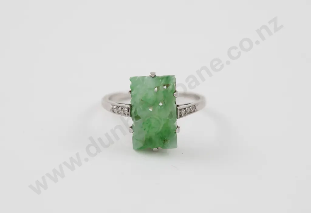 Art Deco All Platinum Carved Jade Panel Ring Image 1++