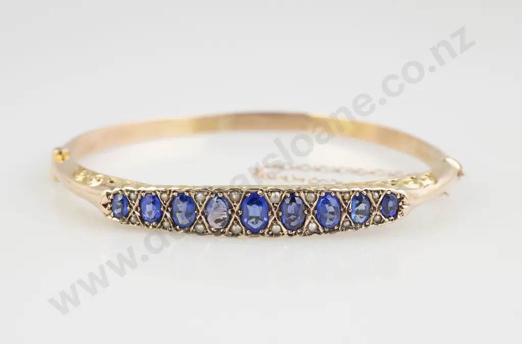 C1908 Edwardian 9ct Blue Doublet and Diamond Hinged Snap Bangle Image 1++