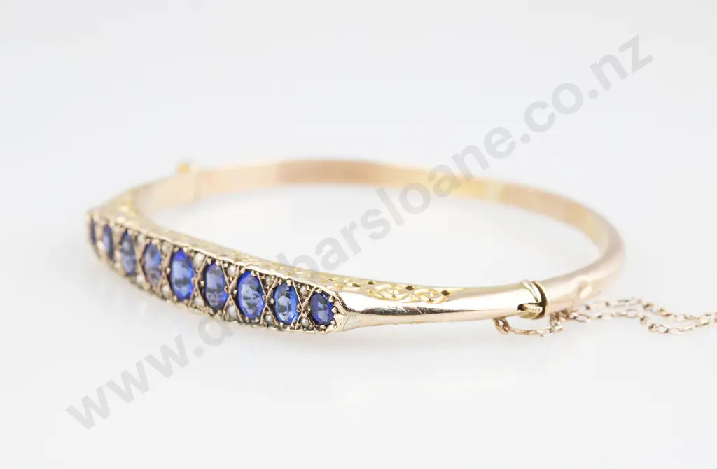 C1908 Edwardian 9ct Blue Doublet and Diamond Hinged Snap Bangle Image 1++