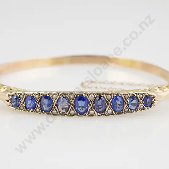 C1908 Edwardian 9ct Blue Doublet and Diamond Hinged Snap Bangle