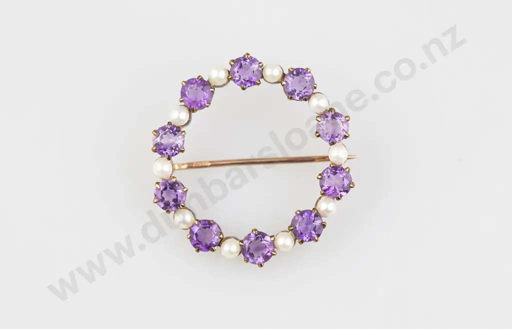 9ct Amethyst and Cultured Pearl Circlet Brooch Image 1++