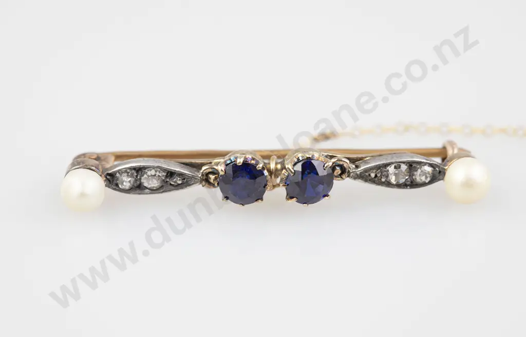 Vintage 9ct & 18ct Sapphire Diamond and Pearl Bar Brooch Image 1++