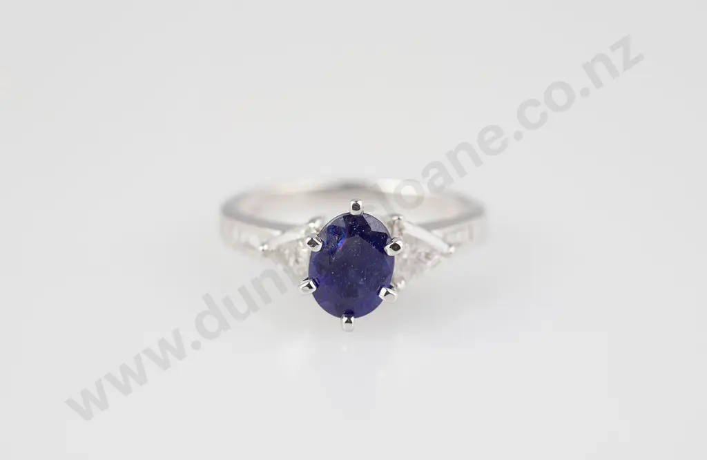 18ct White Gold Three Stone Sapphire and Diamond Ring Image 1++