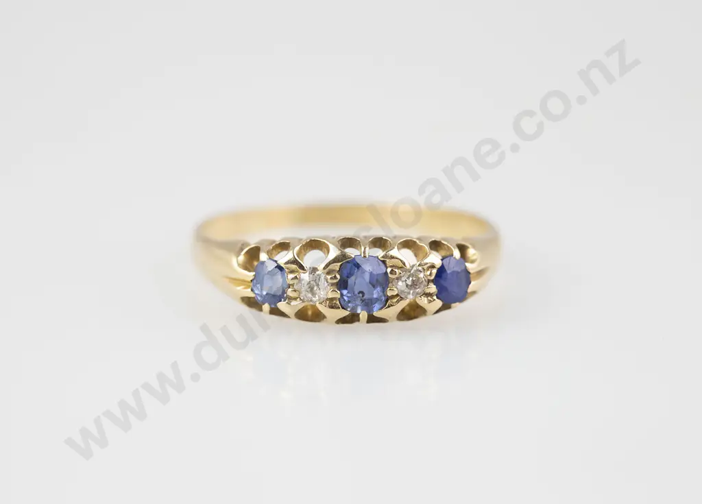 Victorian 15ct Five Stone Sapphire and Diamond Bridge Ring Image 1++