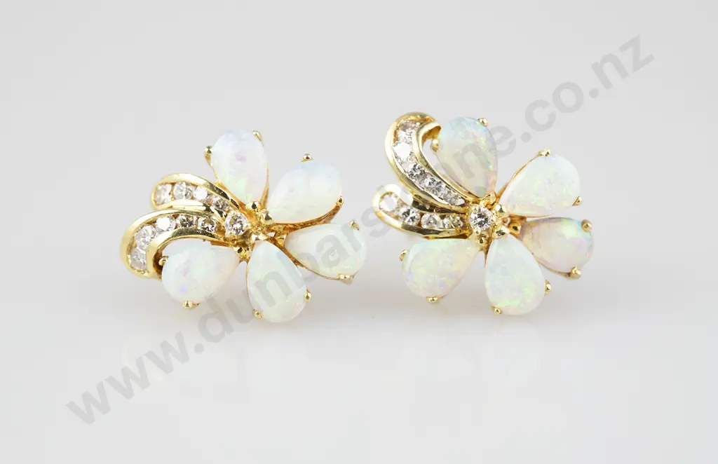 Pair 18ct Opal and Diamond Floret Cluster Earrings Image 1++