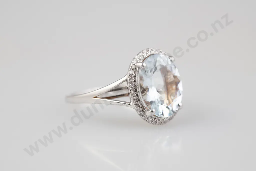 14ct White Gold Single Aquamarine and Diamond Cluster Ring Image 1++