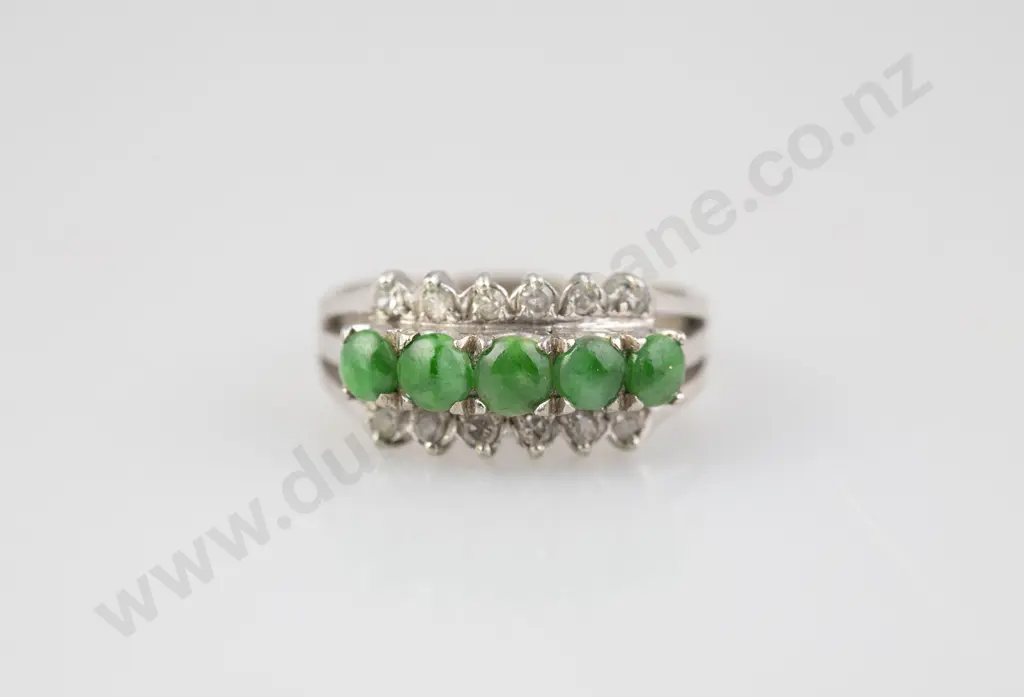 14ct White Gold 17stone Jade and Diamond Dress Ring Image 1++