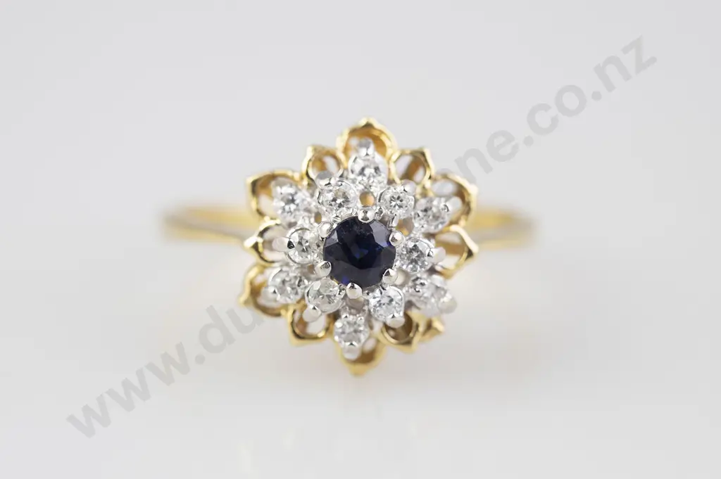 18ct 13stone Sapphire and Diamond Floret Cluster Ring Image 1++