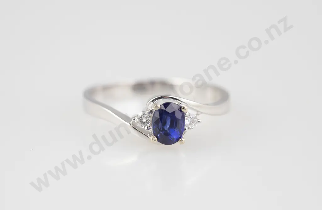 18ct White Gold Three Stone Sapphire and Diamond Bridge Ring Image 1++