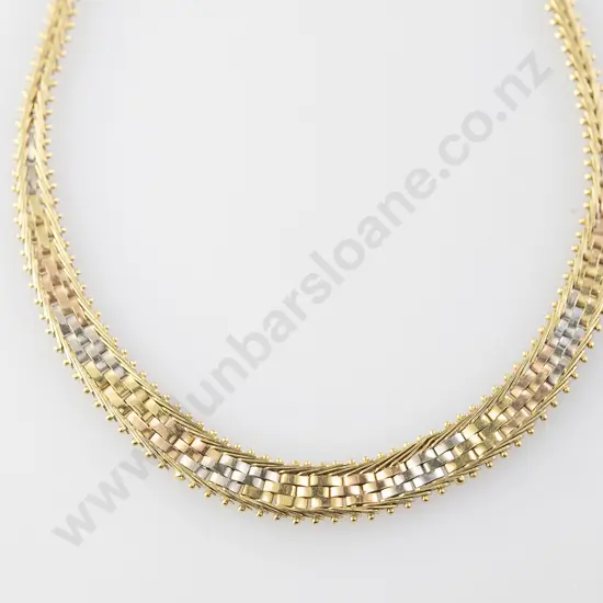 18ct Tri-colour Gold Flat Fancy Rail Link Necklace