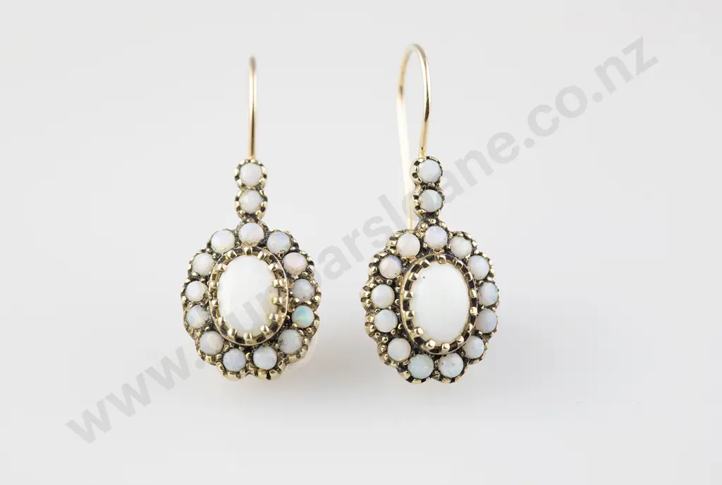Pair Victorian Style 10ct Milk Opal Cluster Pendant Earrings Image 1++