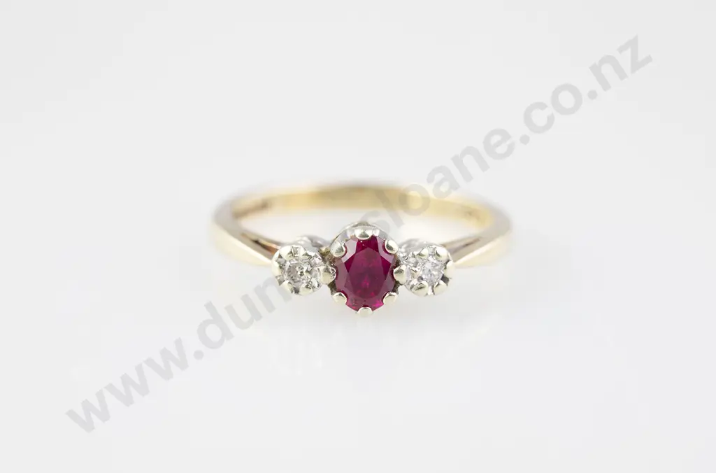 9ct Three Stone Ruby & Diamond Bridge Ring Image 1++
