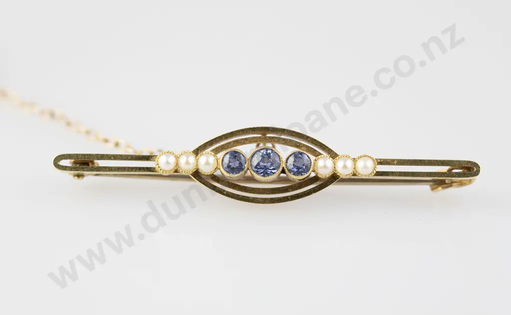 Edwardian 15ct Sapphire and Pearl Bar Brooch Image 1++
