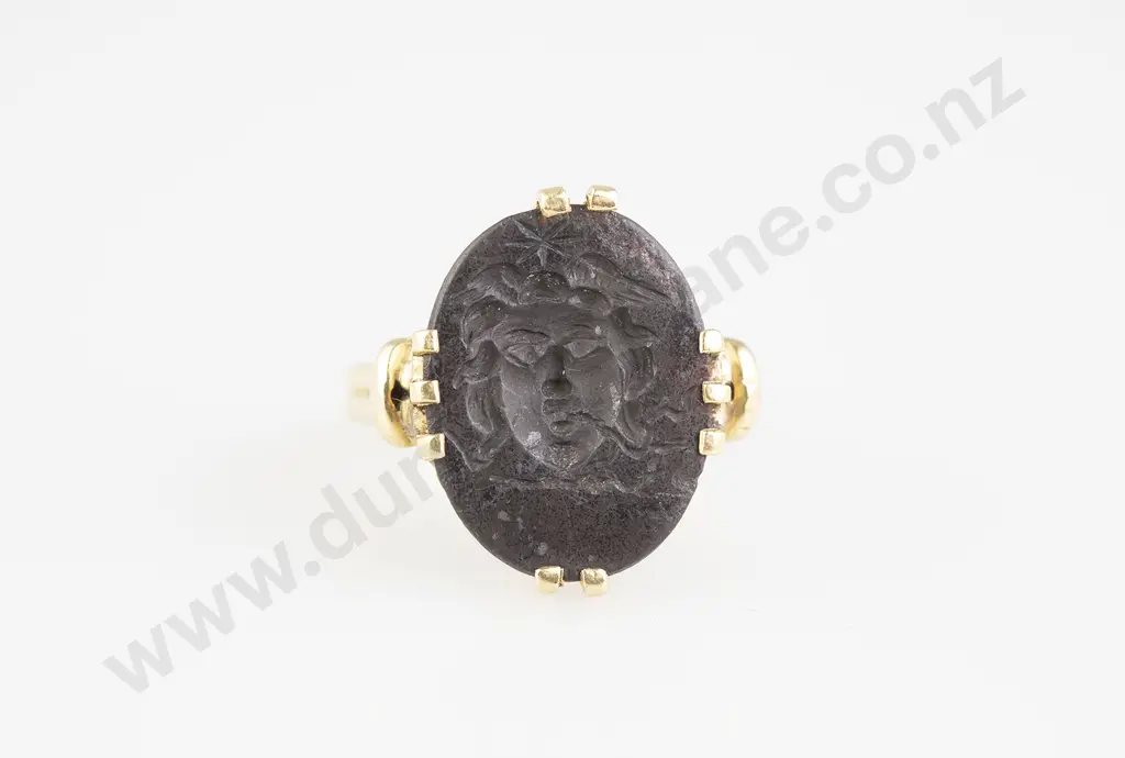 Greek 14ct Obsidian Stone Intaglio Portrait Ring Image 1++
