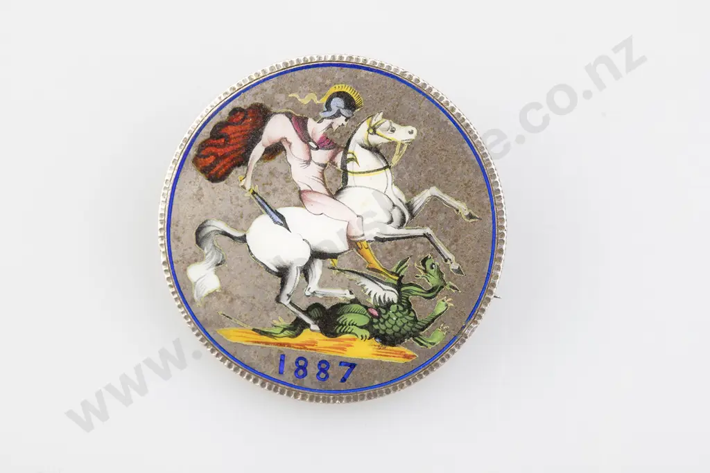 1887 British Silver Enamelled Crown Brooch Image 1++