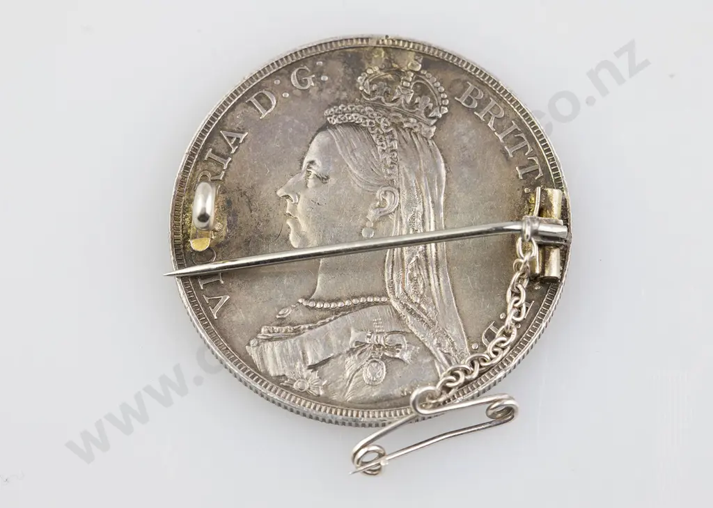 1887 British Silver Enamelled Crown Brooch Image 1++
