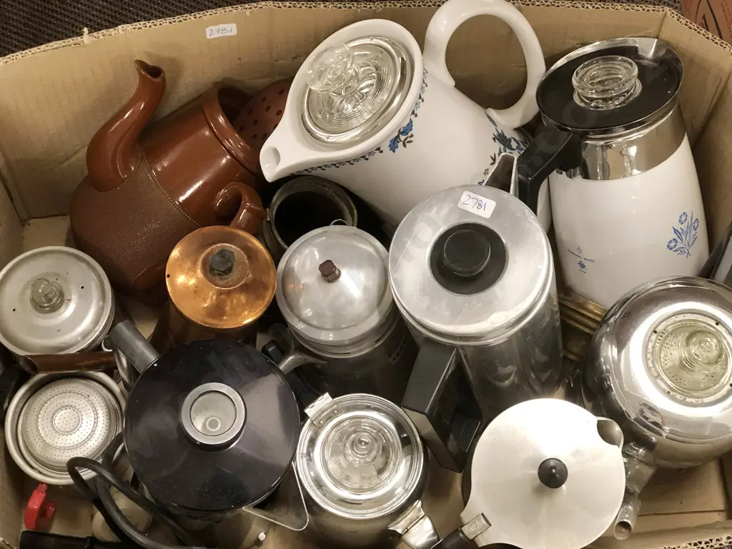 Box of Coffee Pots and Peculators Image 1++