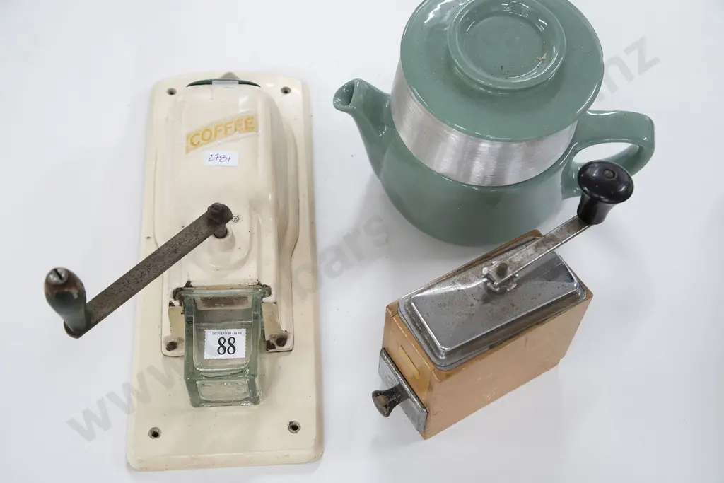 Two Vintage Coffee Grinders with Coffee Pot and Posters Image 1++