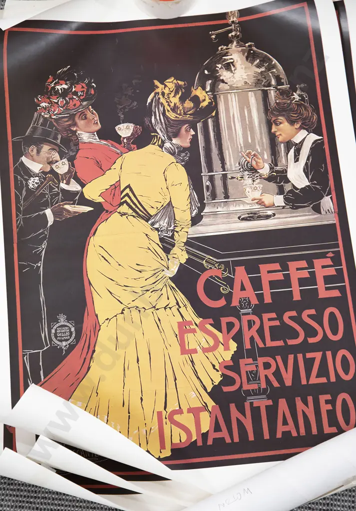 Two Vintage Coffee Grinders with Coffee Pot and Posters Image 1++