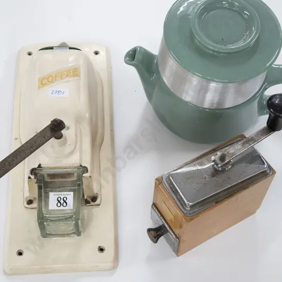 Two Vintage Coffee Grinders with Coffee Pot and Posters