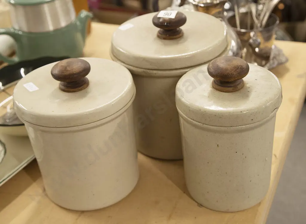 Three Lidded Stoneware Storage Jars Image 1++