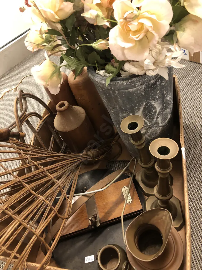 Box of Brass Candle Sticks with Tie Press and Wicker Items Etc Image 1++