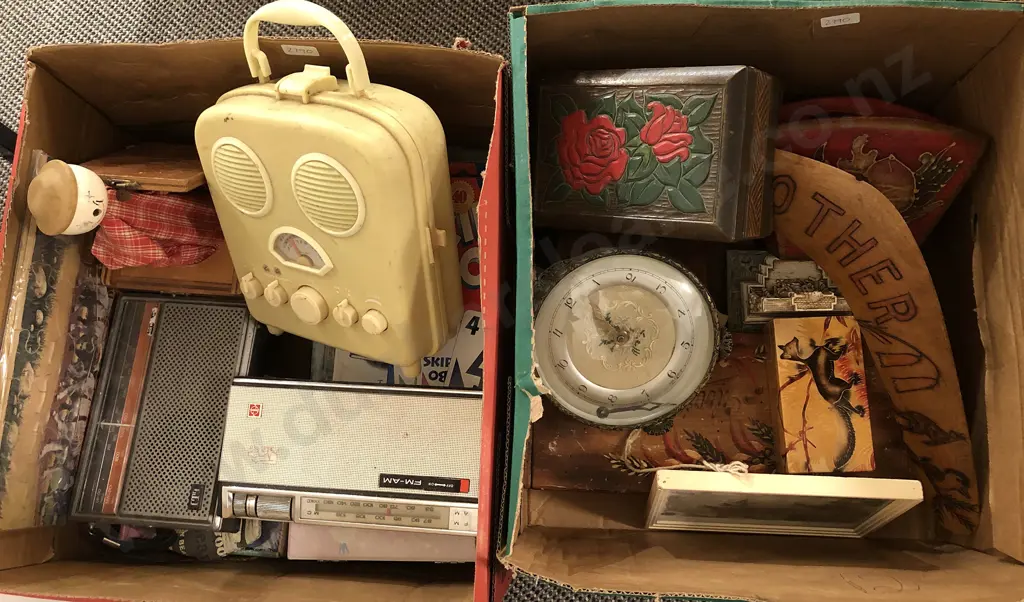 Two Boxes With Mixed Woodware and Small Clock with Radios Etc Image 1++