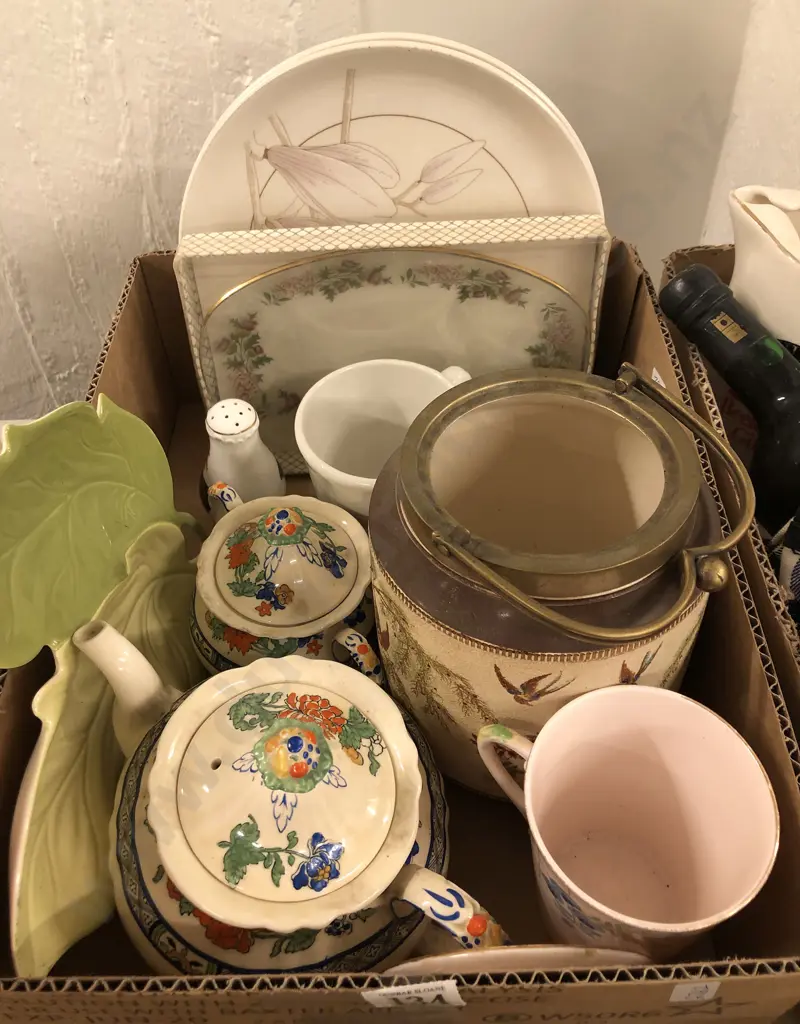 Box of China Including Masons Tea Pot and Sugar Bowl Image 1++