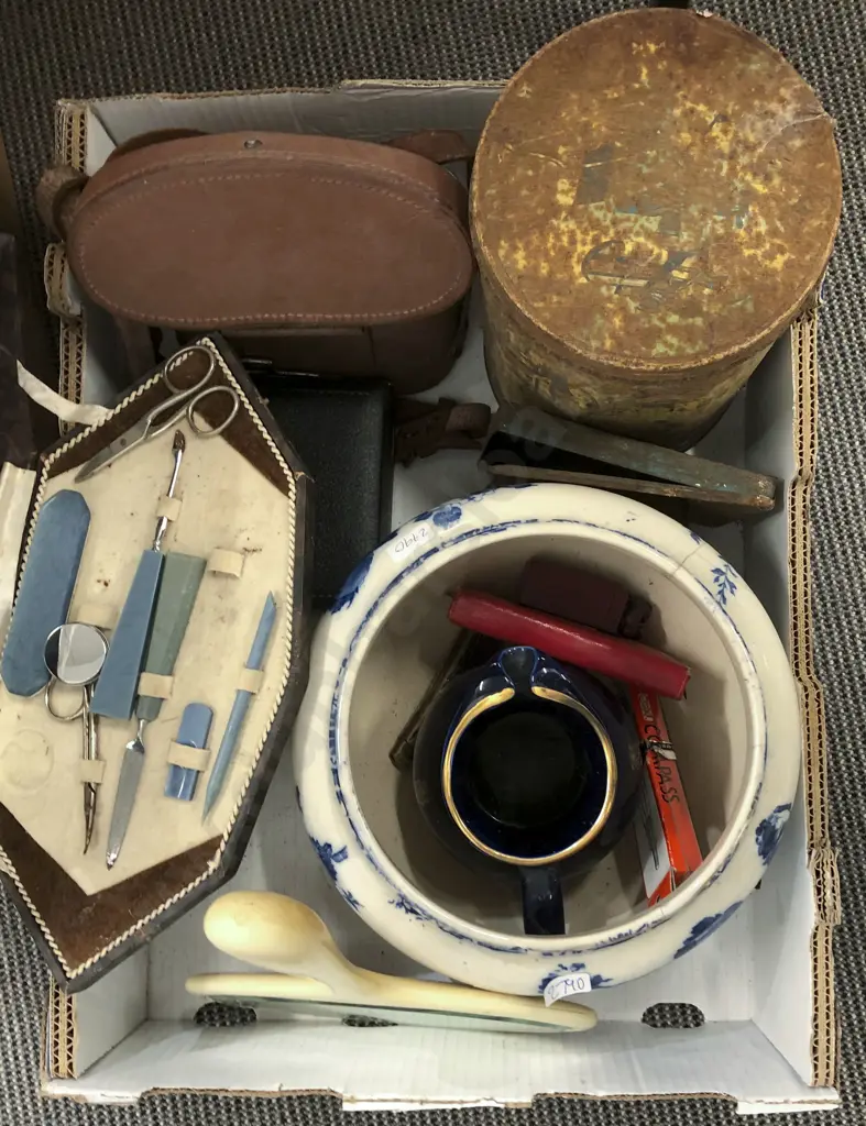 Box with Binoculars and Whiskey Jug With Planter Etc Image 1++