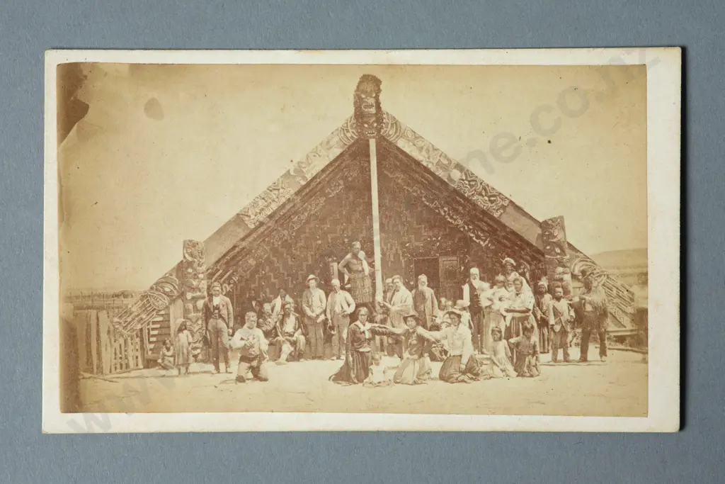 Thomas Edward Price Group of Maori figures in front of a wharenui tipuna (dwelling) Carte de visite albumen print Image 1++