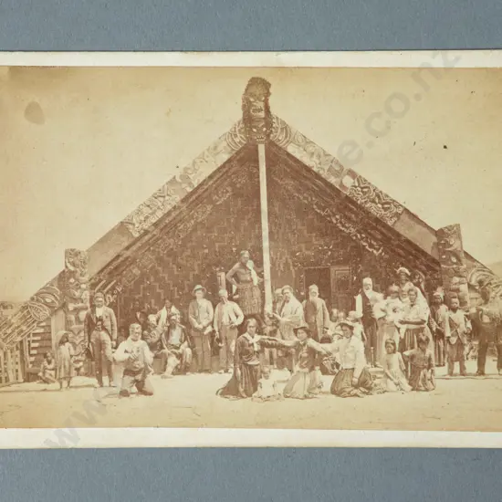 Thomas Edward Price Group of Maori figures in front of a wharenui tipuna (dwelling) Carte de visite albumen print