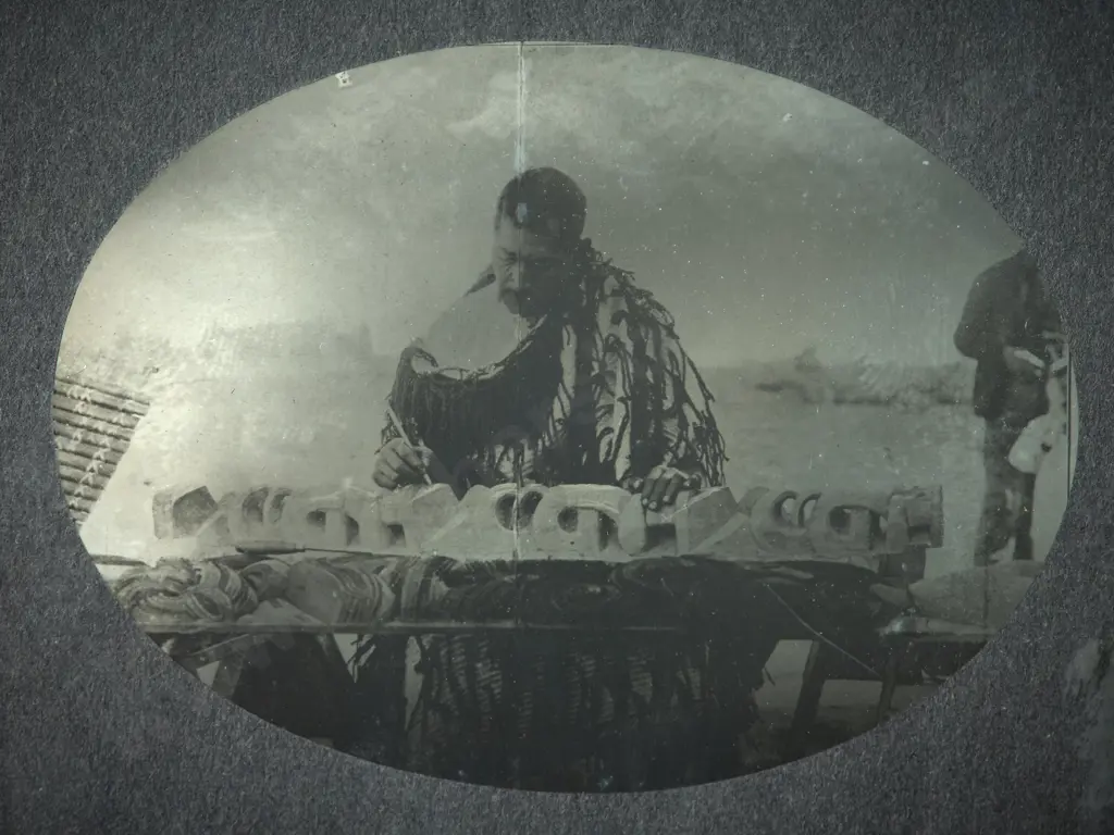 Tene Waitere carving a Poupou (wall panel) Glass plate negative Image 1++